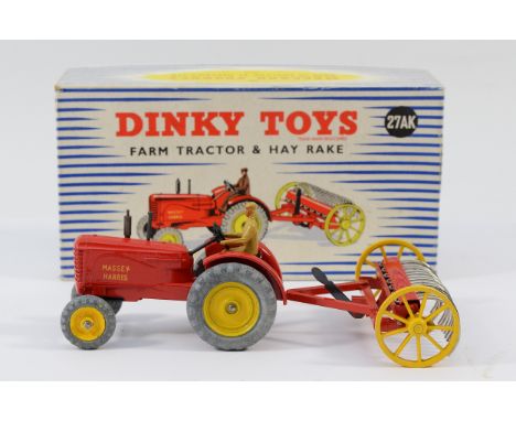 Dinky Toys 27AK Farm Tractor Set To Include, Massey Harris Tractor, red, yellow metal wheels, light tan figure driver and  Ha