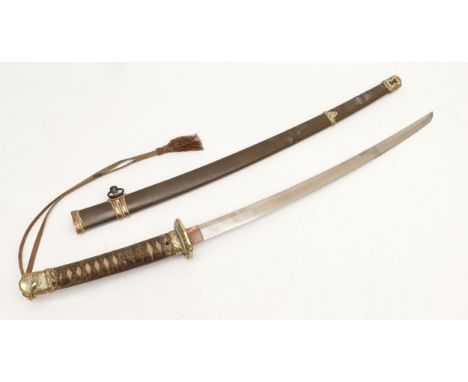 WWII period Japanese katana, brass and copper mounts with floral decoration to the Tsuba, the Tsuka wrapped in a leather brai