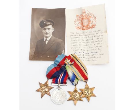 WWII Naval casualty medal group, including the 1939-45 Star, Atlantic, Africa and War, presented to Claude Henry Pearce, toge