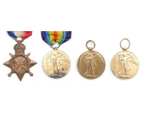 WWI Four medals to include the 1914-1915 Star and three Victory, Star Awarded to 2468 PTE. R. Clements. Som. L.T, Victories a