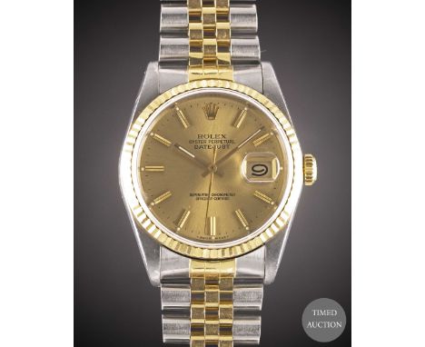 A GENTLEMAN'S STEEL &amp; GOLD ROLEX OYSTER PERPETUAL DATEJUST BRACELET WATCH
CIRCA 1987, REF. 16233 WITH CHAMPAGNE DIAL
Move