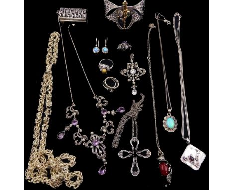 Collection of silver and stone set silver jewellery including moth bangle, amethyst and marcasite necklace marcasite bug broo