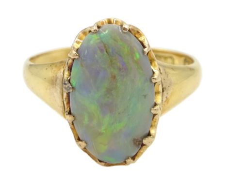 18ct gold single stone opal ring, hallmarkedCondition Report:Approx 4.4gm, size M, head depth = 14.3mm, possibly converted fr