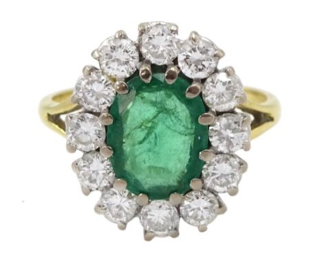 18ct gold oval emerald and round brilliant cut diamond cluster ring, Birmingham 1987, emerald approx 1.00 carat, total diamon