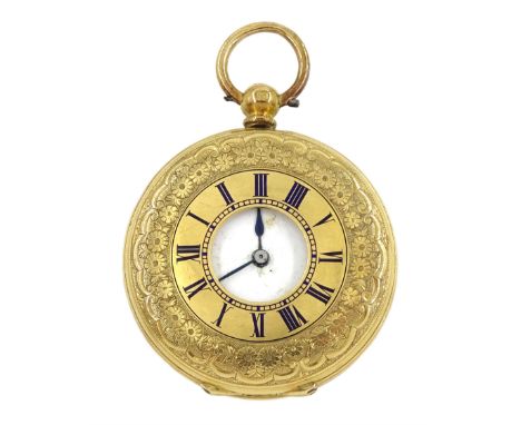 Victorian 18ct gold half hunter ladies key wound cylinder pocket watch, white enamel dial with Roman numerals, back case engr