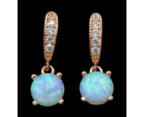 Pair of silver-gilt opal and cubic zirconia pendant stud earrings, stamped 925 Condition Report:Length = 15mm, good condition