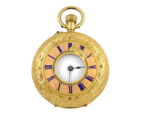 Edwardian 18ct gold half hunter ladies keyless Swiss lever pocket, white enamel dial with Roman numerals, back case engraved 