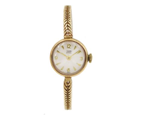 Tudor Royal ladies 9ct gold manual wind wristwatch, Birmignham1965, on original 9ct gold Rolex strap, hallmarked, boxedCondit