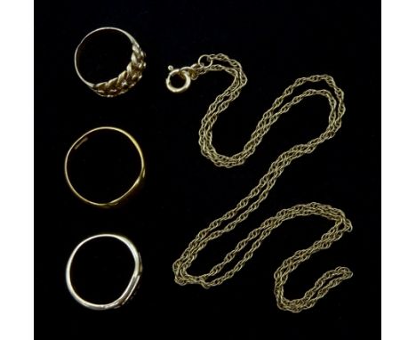 18ct gold signet ring and two 9ct gold rings and a 9ct gold necklaceCondition Report:18ct approx 3.95gm, size R, 9ct approx 9