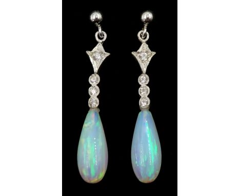 Pair of silver pear shaped opal and cubic zirconia pendant stud earrings, stamped 925 Condition Report:Length = 29mm, good co