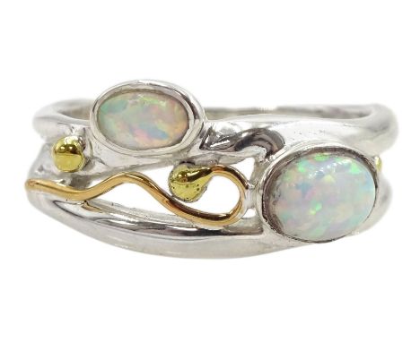 Silver and 14ct gold wire two stone opal openwork ring, stamped 925 Condition Report:Size O-P, depth = 9mm