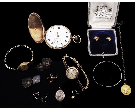 9ct gold watches including Early 20th century full hunter lever pocket watch, London import marks 1908, manual wind wristwatc