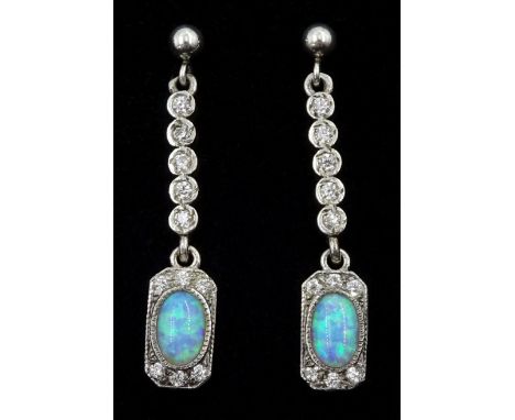 Pair of silver opal and cubic zirconia pendant stud earrings, stamped 925 Condition Report:Length = 30mm, good condition