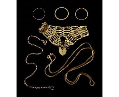 18ct gold wedding band, 10ct gold wedding band and a collection of 9ct gold jewellery including gate bracelet, necklace, brac