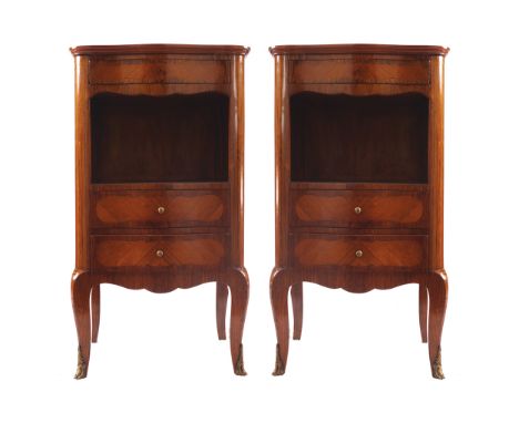 PAIR OF NINETEENTH-CENTURY KINGWOOD AND CROSS-BANDED BEDSIDE PEDESTALSeach with a rectangular top with a serpentine front, ab