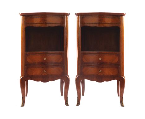 PAIR OF NINETEENTH-CENTURY KINGWOOD AND CROSS-BANDED BEDSIDE PEDESTALSeach with a rectangular top with a serpentine front, ab