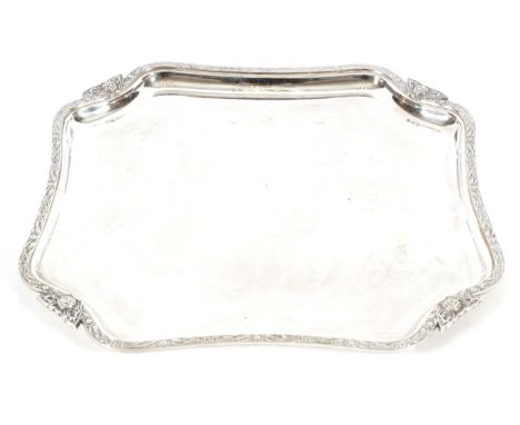 SILVER PLATED SERVING TRAYwith Celtic Revival scroll decorated rim33 x 33 cm.