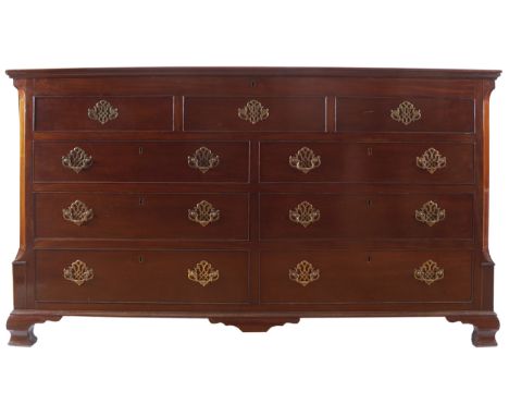 GEORGE III PERIOD MAHOGANY BLANKET CHESTthe rectangular lift-up top, above a series of faux and real drawers, furnished with 