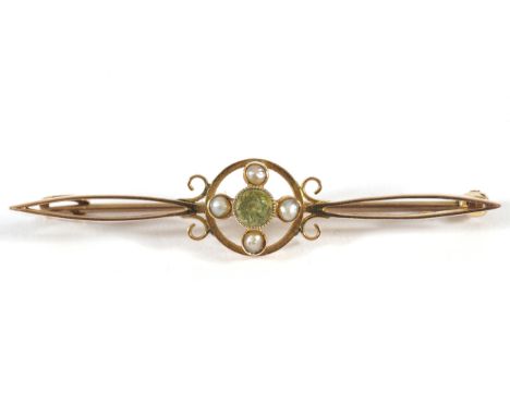 ANTIQUE 9 CARAT GOLD SEED PEARL AND PERIDOT BROOCH
