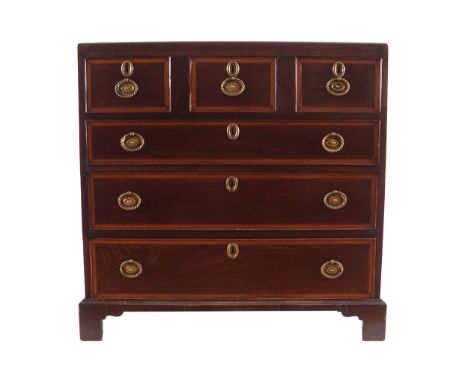 GEORGE III MAHOGANY AND SATINWOOD CHEST of three short and three long drawers, furnished with oval brass handles, raised on b