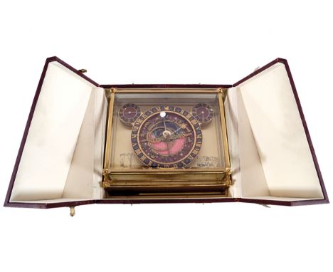 CASED BRASS AND POLYCHROME TERRESTRIAL, CELESTIAL MYSTERY CLOCK 35 cm. x 31 cm