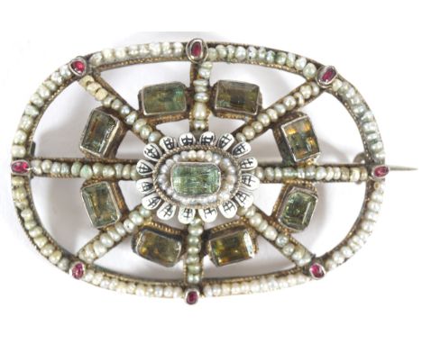 ANTIQUE EMERALD AND SEED PEARL BROOCH
