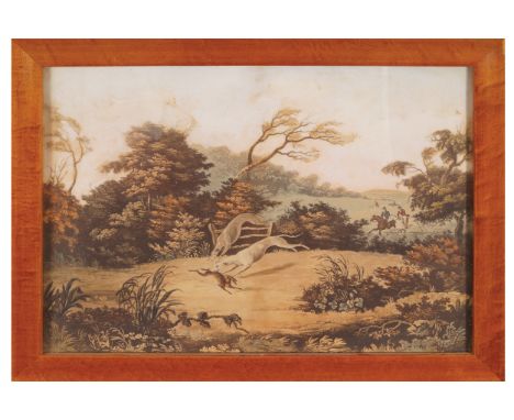 SET OF FOUR EARLY NINETEENTH-CENTURY HUNTING PRINTSeach enclosed in a birdÍs eye maple frame41 x 55 cm. (4)