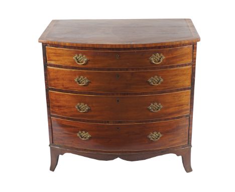 GEORGE III PERIOD MAHOGANY AND INLAID BOW FRONT CHESTof four drawers furnished with brass handles, raised on out-swept bracke