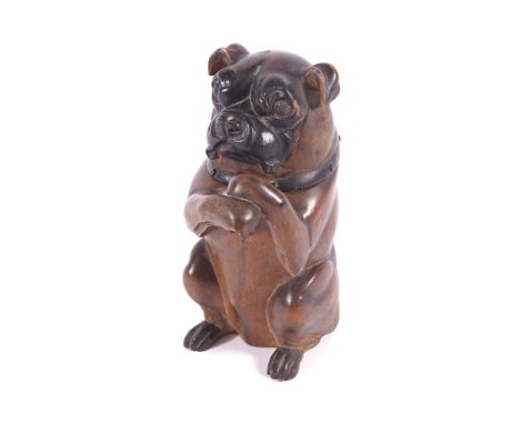 NINETEENTH-CENTURY CARVED WOOD TOBACCO OR TEA CADDY in the form of the bulldog the head folding back to reveal a lined interi