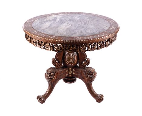 NINETEENTH-CENTURY CHINESE HARDWOOD AND MOTHER OÍPEARL INLAID CENTRE TABLEthe circular marble inset top, above of a conformin