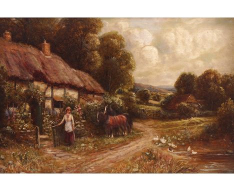 R. J. HAMMONDYoung woman looking at geese in front of a homesteadOil on canvasSigned38 x 60 cm.