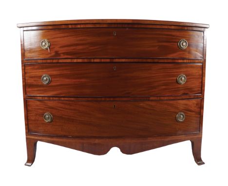 GEORGE III PERIOD MAHOGANY BOW-FRONT CHESTof three long drawers, furnished with brass ring handles, raised on out-swept brack