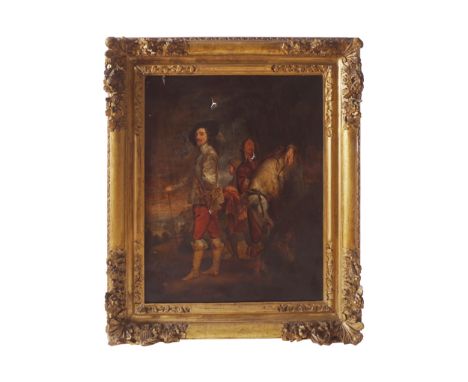 FOLLOWER OF SIR ANTHONY VAN DYKEKing Charles 1st with horses and attendantsOil on canvasEnclosed in a carved oak frame (damag