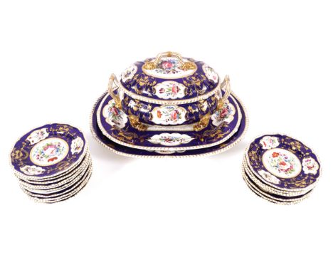 BLOOR DERBY DINNER SERVICE18 dessert plates, 18 soup plates, 18 side plates, 18 dinner plates, 3 oval serving plates, 3 veget