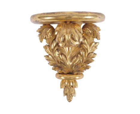 PAIR OF WILLIAM IV PERIOD CARVED GILT WOOD WALL BRACKETS, CIRCA 1830each with a circular shelf supported on an acanthus leaf 