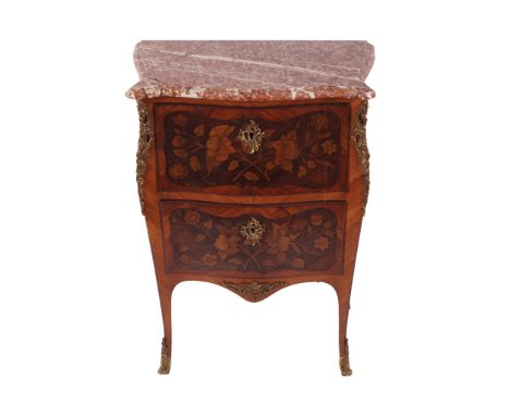 NINETEENTH-CENTURY ORMOLU MOUNTED KINGWOOD AND MARQUETRY COMMODE, CIRCA 1870the veined serpentine marble top, above two profu