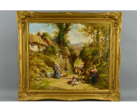 JOHN R. TOWNSEND (BRITISH 1930-2013), Summers day in the village, women, girls, poultry and donkeys on a path by thatched cot