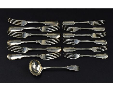 A SET OF SIX VICTORIAN SILVER FIDDLE AND THREAD PATTERN TABLE FORKS, a matching set of six dessert forks, engraved with a let