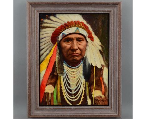 JOHN BERRY (BRITISH 1920-2009), PORTRAIT OF A NATIVE AMERICAN INDIAN CHIEF, oil on board, signed and dated 1999 lower right, 