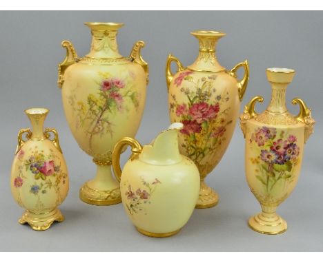 FIVE PIECES OF ROYAL WORCESTER BLUSH IVORY PORCELAIN, comprising a twin handled vase decorated with thistles, shape No.1482, 