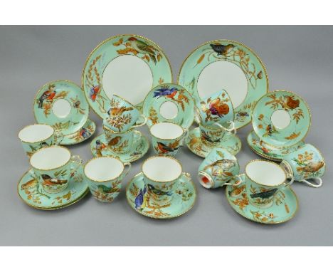 A VICTORIAN ROYAL WORCESTER PART TEA SERVICE, pale turquoise ground painted with enamels in relief with birds and insects wit