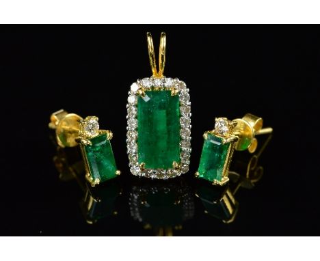 A MODERN EMERALD AND DIAMOND RECTANGULAR CLUSTER PENDANT AND EARRING SET, measuring approximately 21.7mm x 9.7mm, one emerald