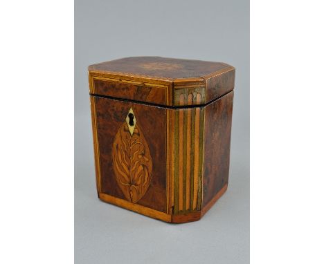 A GEORGE III YEW RECTANGULAR TEA CADDY, with canted corners, satinwood banded, inlaid with circular design to the hinged lid 