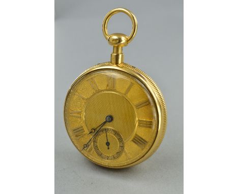 AN 18CT ENGLISH OPEN FACE POCKET WATCH, with gold dial polished Roman numerals and moon hands with subsidiary seconds, keywin