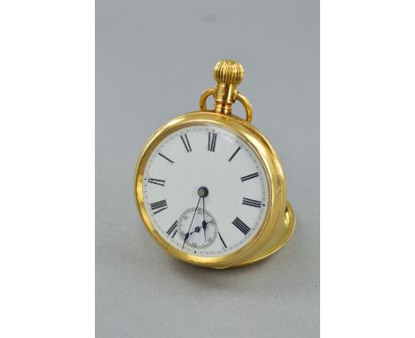 AN 18CT FRENCH IMPORT MARKS OPEN FACE POCKET WATCH, with an 18ct dust cover, white enamel with secondary dial, dial approxima