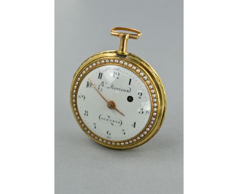 AN 18K FRENCH VERGE POCKET WATCH, (no hallmark), movement signed Cnt Morichand A Geneve No.2455, the dial white enamel signed