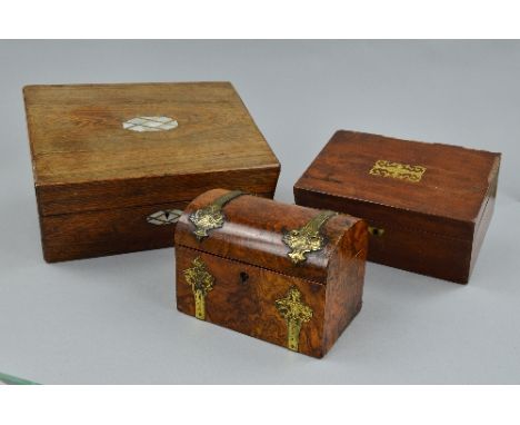 A VICTORIAN BURR WALNUT DOME TOP TEA CADDY, applied gilt metal foliate mounts (escutcheon mount loose), fitted with two inter