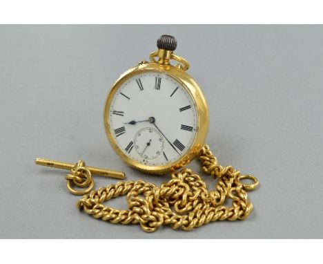 AN 18CT GOLD CASED OPEN FACE POCKET WATCH, with an 18ct dust cover (broken), white enamel with secondary dial, French import 