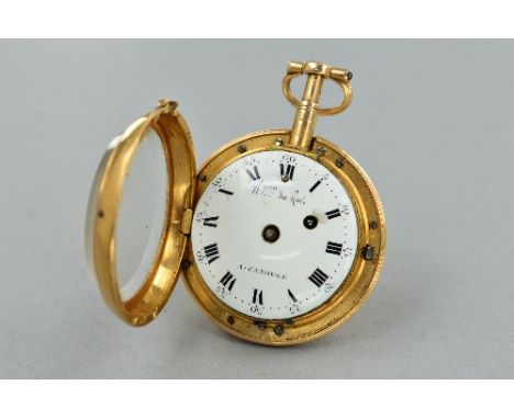 AN ENGLISH CYLINDER 18CT POCKET WATCH, 1/4 repeating on bell, case back pierced, movement signed 'De Montanrouge' No.1990, di