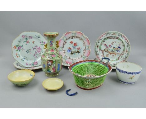 SIX LATE 18TH CENTURY CHINESE EXPORT PORCELAIN PLATES, including two pairs, decorated with foliate designs, some damage, diam